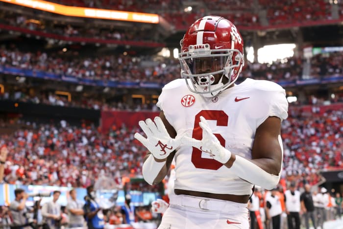 Alabama Crimson Tide running back Trey Sanders (6) celebrates after scoring a touchdown against the Miami Hurricanes at Mercedes-Benz Stadium. Alabama won 44-13.